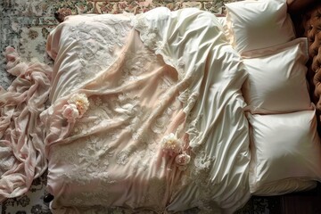 Cozy luxury bedding linen set with pink and white peonies surround