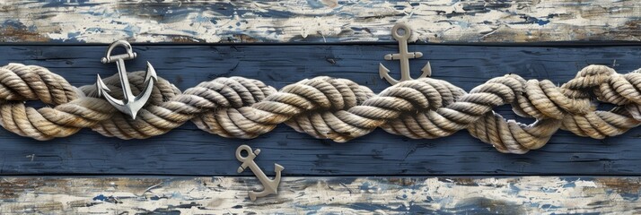 Nautical wood with the coarse, twisted patterns of ropes, accented with elements of summer maritime life, such as knots and anchors, in a palette of navy, white, and sandy tones, ai generated