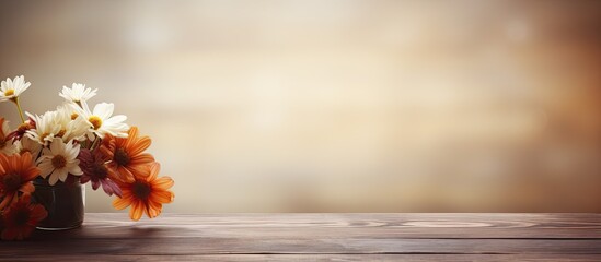 Wood table top on flower blurred abstract background. Creative banner. Copyspace image