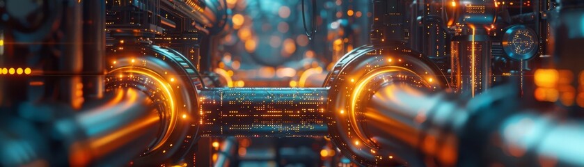 Complex industrial pipelines glowing with data streams, fitting for content on the integration of IoT in manufacturing