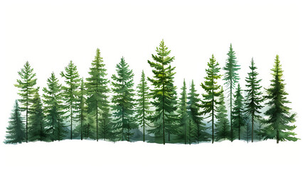 Watercolor illustration of high pines in a fir tree forest