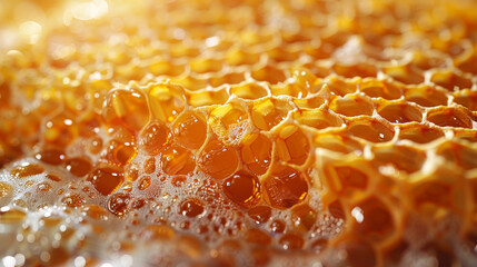 Close-up of a beeswax honeycomb with juicy honey flowing through it.