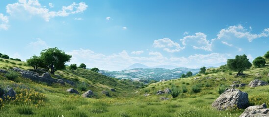 The blue sky over the rocky landscapes with dry green trees on a sunny day in summer. Creative banner. Copyspace image