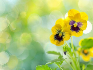 Obraz premium Vibrant Yellow and Purple Pansy Flowers with Green Leafy Background in Bright Sunlight. Copy space