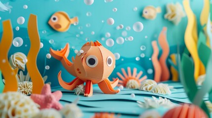 fish in water as paper cut childlike graphic representation of underwater scene 