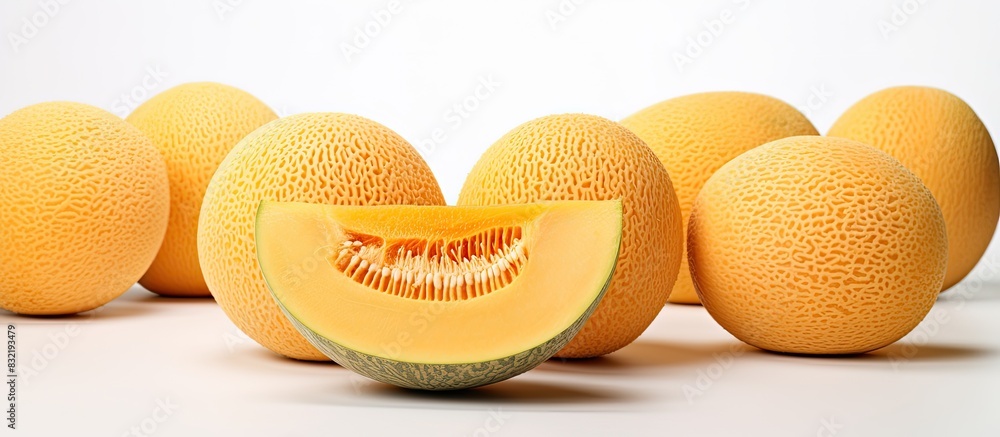 Poster cantaloupe melon isolated on white background. creative banner. copyspace image