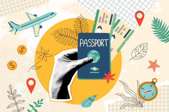 Summer vacation plane tickets. Banner in vintage new nostalgia collage style. Travel concept. Paper halftone hand holding passport and tickets. 