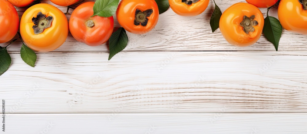 Poster healthy diet concept fresh ripe persimmons and tangerines on white wooden background top view flt la