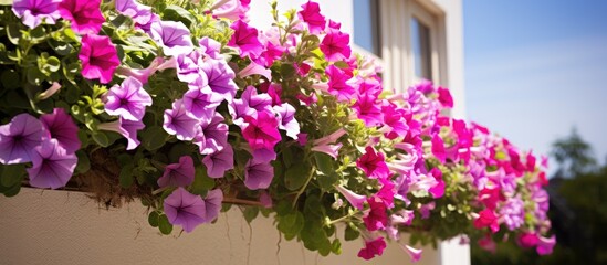 Beautiful blooming petunia flowers in window boxes on a nice summer day. Creative banner. Copyspace image