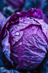 Fototapeta premium Close-Up of Fresh Dew-Covered Purple Cabbage in Natural Light