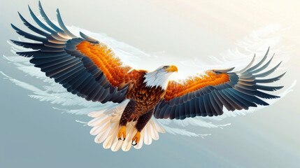 Obraz premium Illustrated bald eagle with outstretched wings, showcasing majestic and powerful flight against a light sky background.