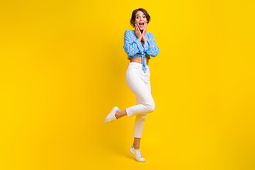 Full length photo of impressed woman dressed print blouse hold hands on cheekbones astonihsed...