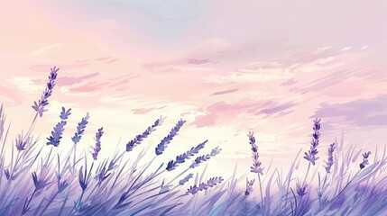 Soft watercolor a field of lavender under a pastel sky