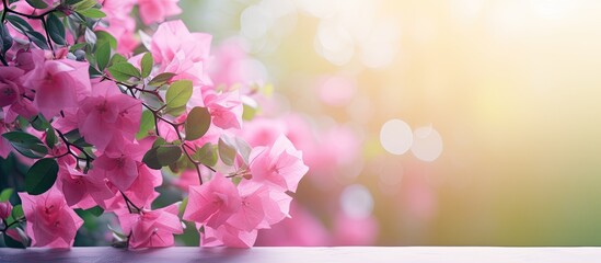 Pink Bougainvillea of paper flower with small green leaves with green background in soft focus. Creative banner. Copyspace image