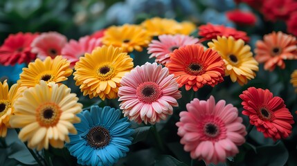 Close-up of colorful Gerbera daisies in full bloom.