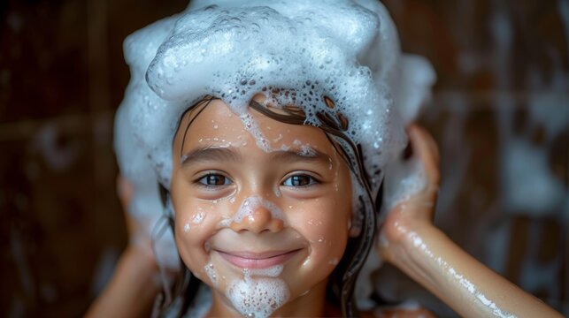 Child with soap foam in hair, bath time with mom, kids hygiene, shampoo treatment