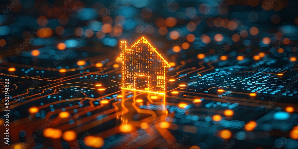 Aufkleber digital house model with illuminated windows on a circuit board, representing smart home technology 