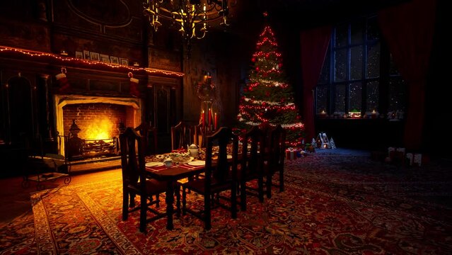 Christmas evening in an old, cosy castle near a burning fireplace, a festive tree against the backdrop of a window behind which it is snowing. 3D animation.