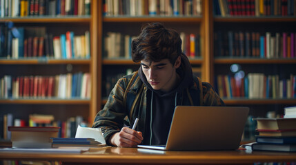 A young individual is taking notes next to a laptop in a library, with bookshelves in the background