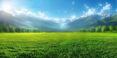 Verdant valley with lush green grass, majestic mountains, and clear blue sky on a sunny day. banner, nature background

