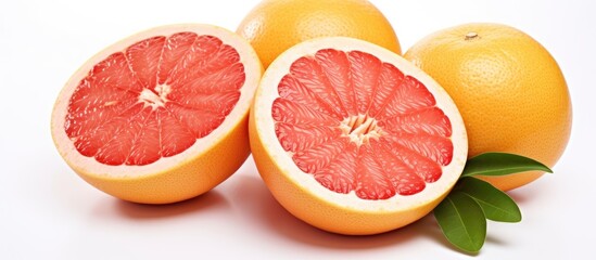 High vitamin C Juicy grapefruit slices on white background. Creative banner. Copyspace image