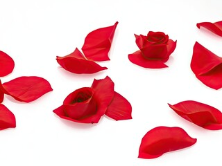 Isolated set of red rose petals against a transparent backdrop.