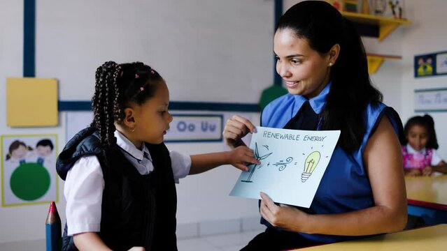 Kid student learning with teacher about alternative renewable energy at kindergarten school class. Education concept