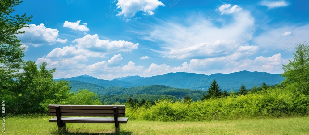 Poster mountains green forest meadow blue sky and white clouds and with a bench for rest in the foreground.