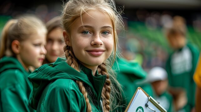 Female coach with clipboard in gym, group of students seated on the floor in the background