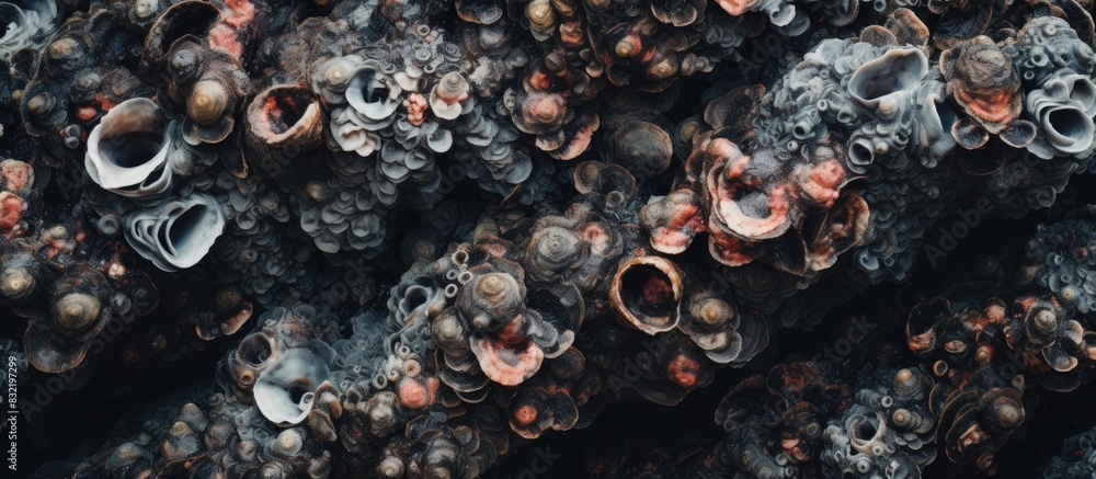 Poster macro view of barnacles at the sea shore texture of barnacles at sea rocks. creative banner. copyspa