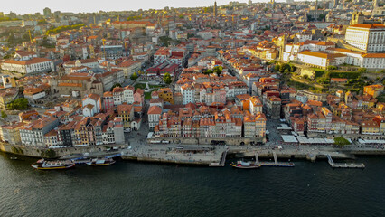Old town of Porto at river Douro, Portugal aerial photo 15 may 2024 year. 