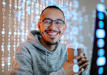 Happy Man Holding Coffee Cup at Computer with Digital Background