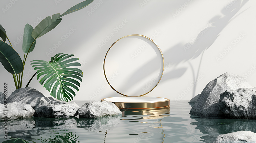 Poster 3d render of minimal product display podium with palm tree background,wooden flat circle empty blank