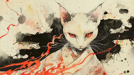 Chinese ninja cat in kimono with red eyes graphic facial drawing charged with energy and ready to attack