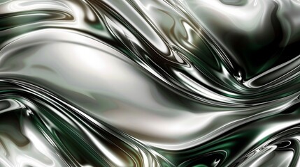 Abstract background with liquid metal texture. Contemporary metallic silver and green dynamic backdrop