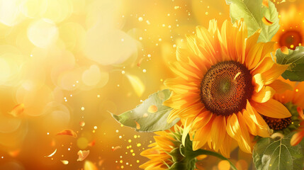 Fototapeta premium Close-up of a sunflower blooming under golden sunlight with petals and leaves, evoking warmth and positivity.