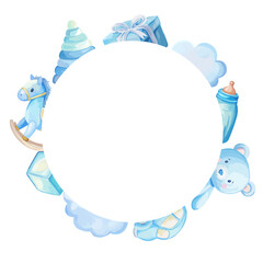 Beautiful blue toys frame for baby boy watercolor