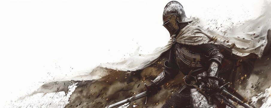 Heroic knight charging into battle, medieval backdrop, isolated white background, high detail, dynamic composition