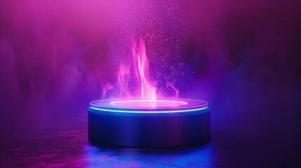 A futuristic hologram projecting a glowing portal above a sleek podium with vibrant neon lights.