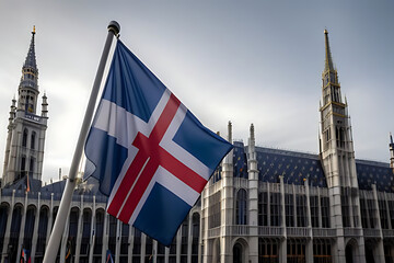Brus building Parliament European front waving flags EU europa flag union commission brussels government summit belgium community business architecture euro background office law economy