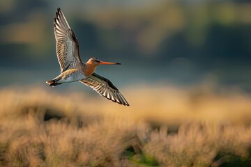 a image of a bird flying over a field of tall grass