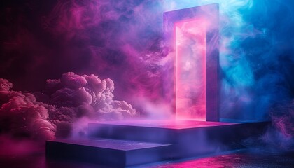 A futuristic hologram projecting a glowing portal above a sleek podium with vibrant neon lights.
