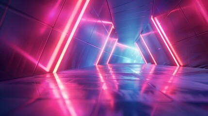 Futuristic corridor with glowing neon lights in pink and blue hues, reflecting on a shiny metallic floor, creating a sci-fi tunnel effect.