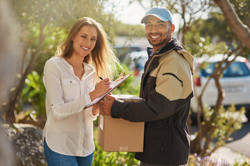 Distribution, delivery man with portrait, boxes and woman at front door for logistics. Ecommerce or...