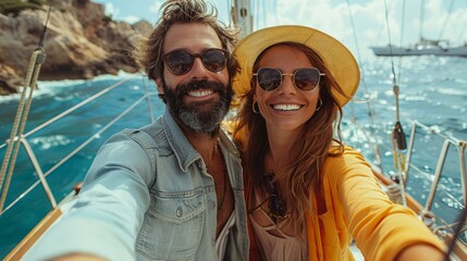 A cheerful couple in sunglasses takes a sunny selfie with the rocky coastline and sailboat rigging visible - Powered by Adobe