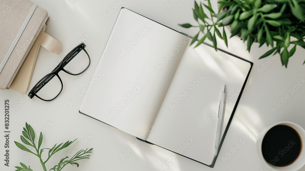Aufkleber a notepad with a modern design resting on a white background, leaving room for text in the surroundi
