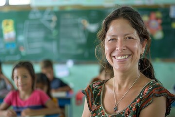 A beautiful female teacher standing in front of her students, smiling and looking at the camera with her arms crossed in front of a classroom background with a green chalkboard and colorful decor.