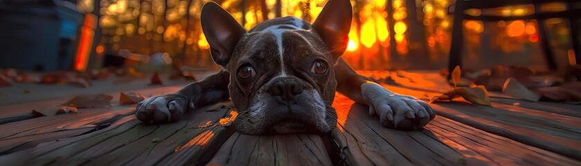 A cute French Bulldog lying on a wooden deck in the forest with a warm sunset background. Perfect for pet, nature, and outdoor themes. - Powered by Adobe