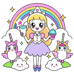 Magical Girl with Unicorns A magical girl with a star wand, holding a rainbow drink, surrounded by unicorns and fairies