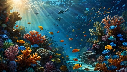 a colorful underwater scene with many types of fish swimming around a coral reef.